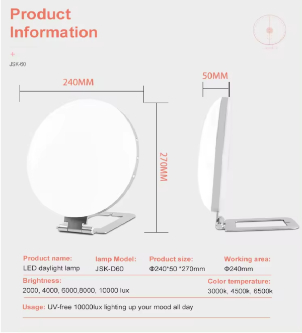 Praktisk lysterapilampe JSK-60 med produktinfo